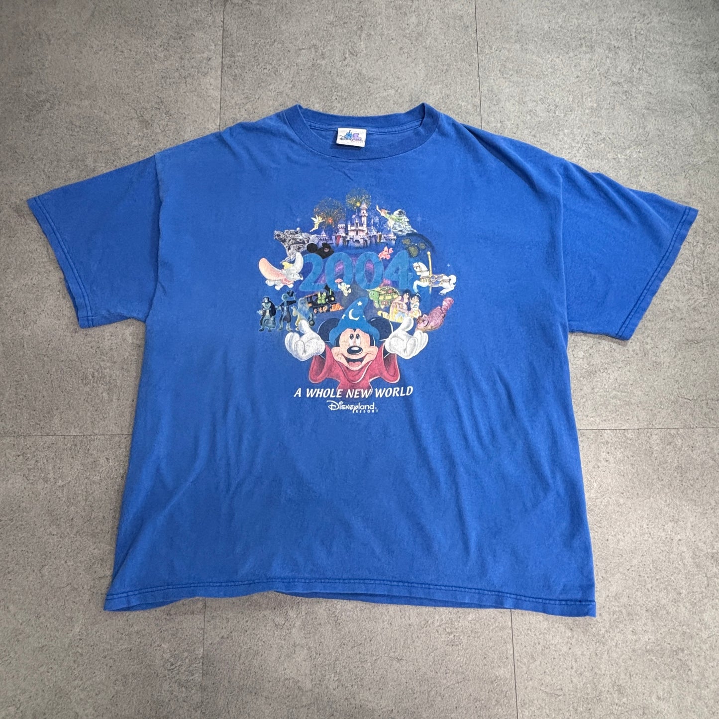 【Disneyland Resort 2004 ミッキー プリントTシャツ】ディズニーランド 2004 A WHOLE NEW WORLD 半袖 Tシャツ ブルー ディズニー 古着/7-87