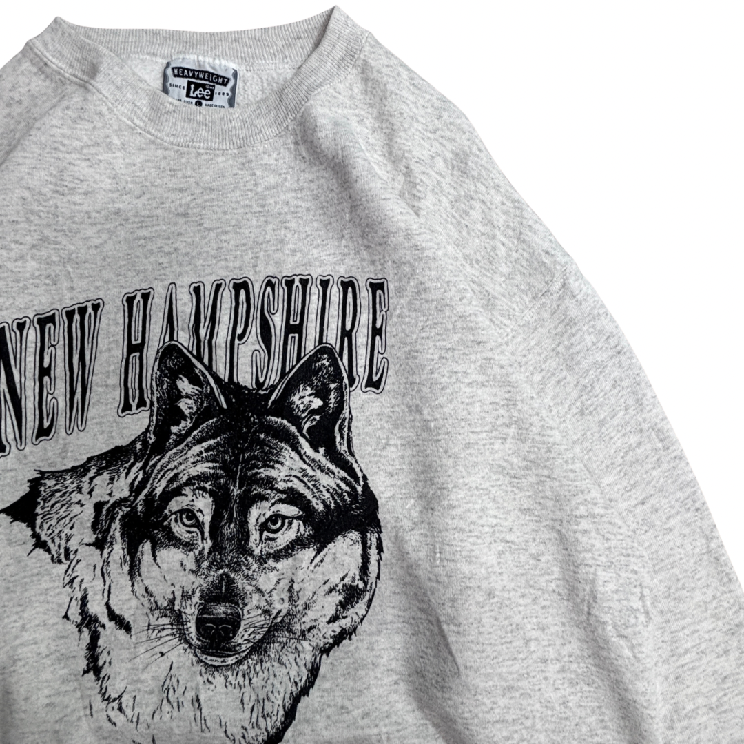 90s USA製 Lee HEAVYWEIGHT NEW HAMPSHIRE オオカミ アニマルプリント スウェット L 杢グレー/3-23