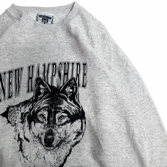 90s USA製 Lee HEAVYWEIGHT NEW HAMPSHIRE オオカミ アニマルプリント スウェット L 杢グレー/3-23