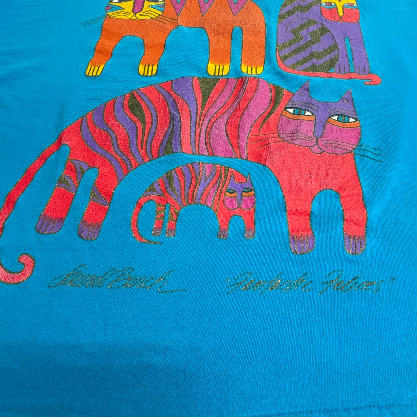 90s Laurel Burch Cat アートTシャツ USA製 シングルステッチ｜カラフル猫デザイン ヴィンテージ/3-47