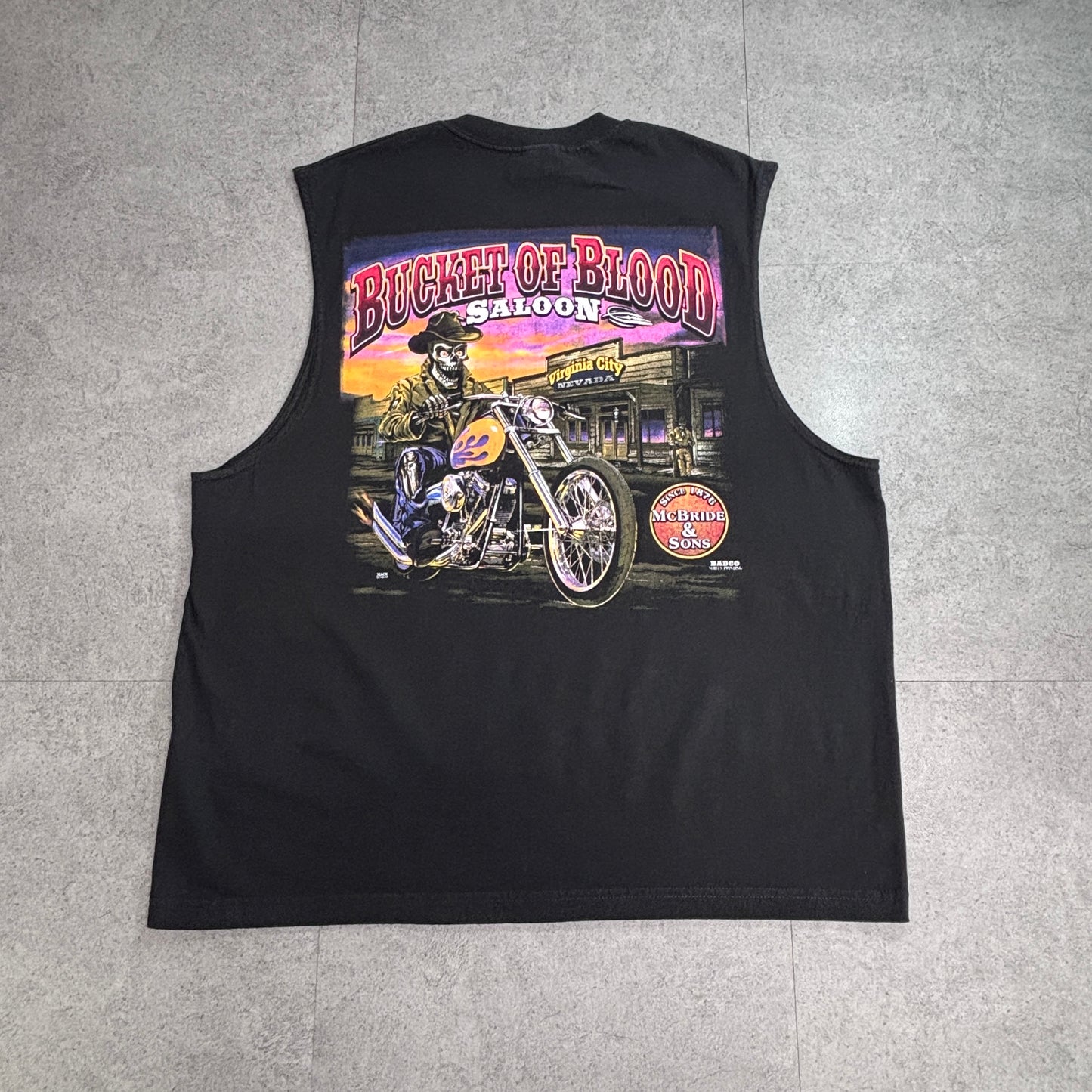 【BUCKET OF BLOOD SALOON バックプリント ノースリーブTシャツ】McBride & Sons スカル バイカー ALSTYLE 2XL ブラック メキシコ製 古着/7-88