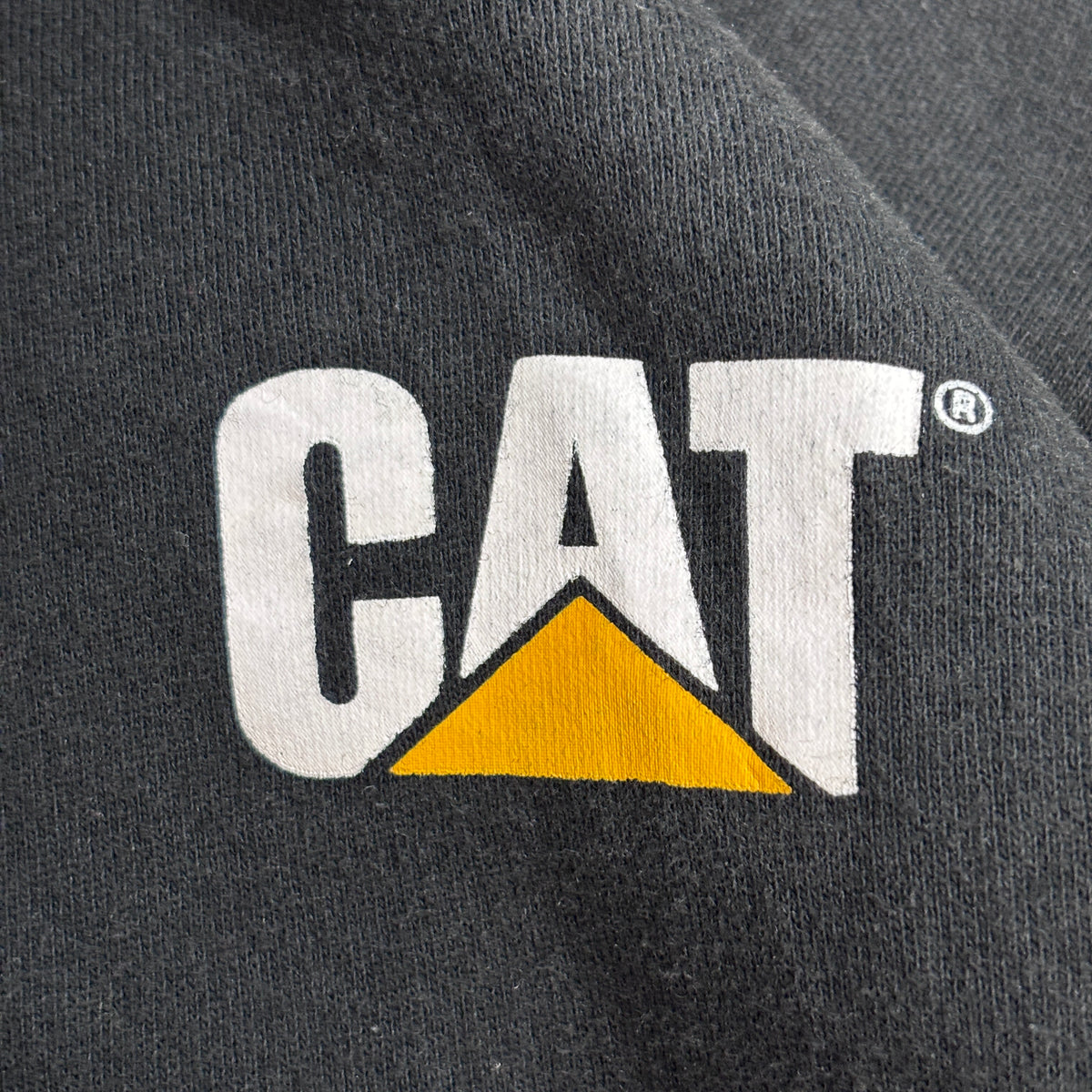 【CAT CATERPILLAR プルオーバーパーカー】キャタピラー 袖ロゴ ブラック XL 企業ロゴ ワーク系 古着/9-12