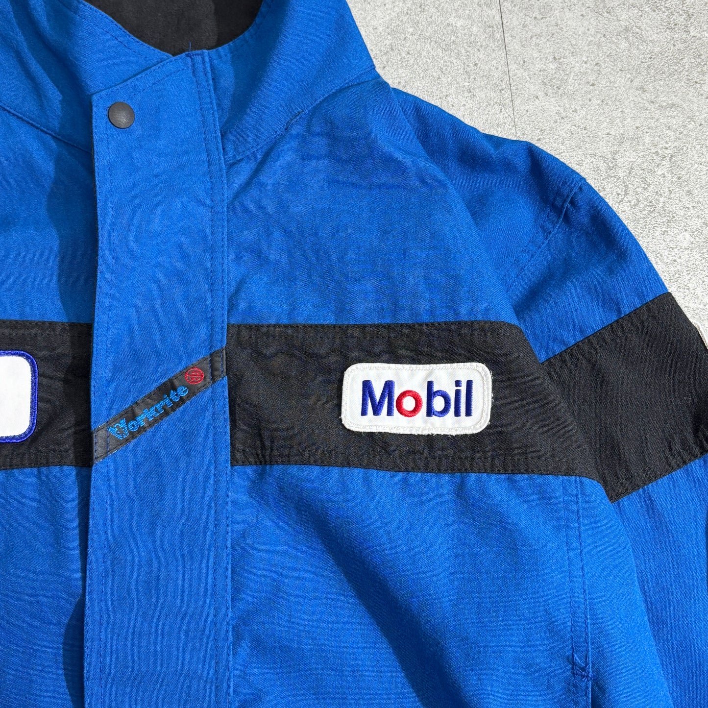 Workrite USA製 Mobil 刺繍ワッペン付き ワークジャケット ブルー×ブラック TALONジップ 90s