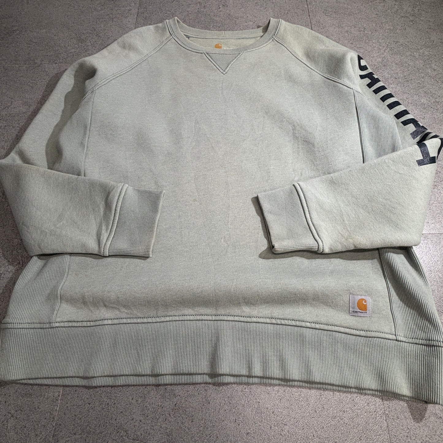 Carhartt カーハート 袖ロゴ ラグランスウェット トレーナー くすみミントグリーン XL(16/18) RELAXED FIT ベトナム製 古着