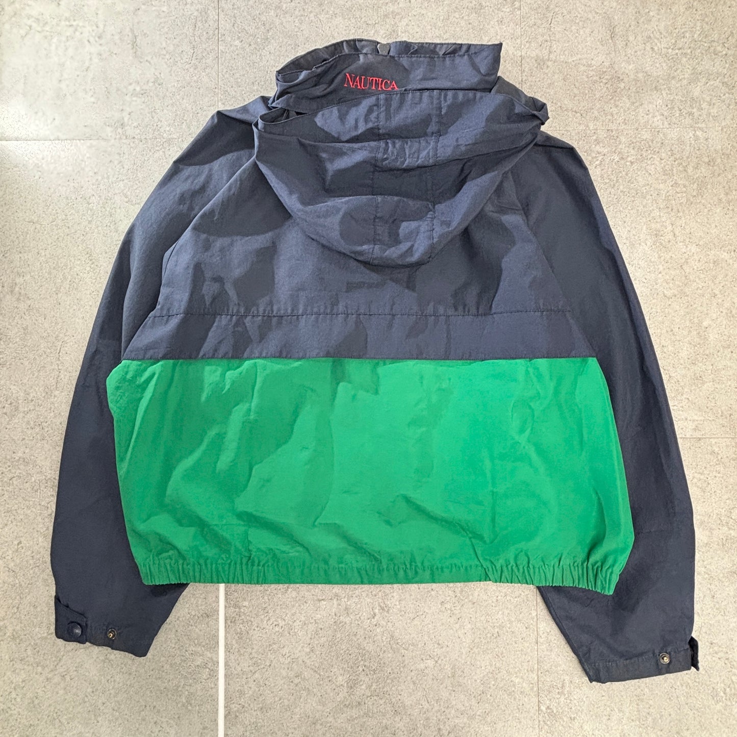 NAUTICA 90s ツートーン パッカブルフード セーリングジャケット L 紺×グリーン コットン×マイクロポリ 台湾製 Jクラスロゴ