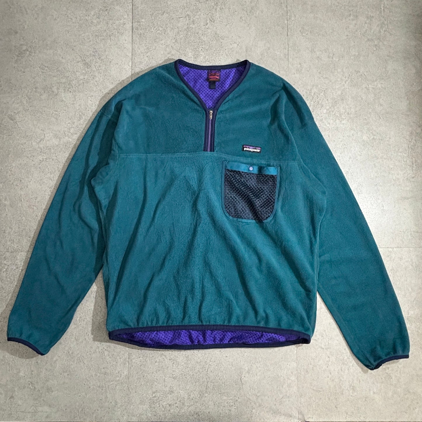【90s Patagonia】USA製 Capilene® フリースプルオーバー グリーン×パープル ハーフジップ メッシュポケット付き パタゴニア キャプリーン ヴィンテージ