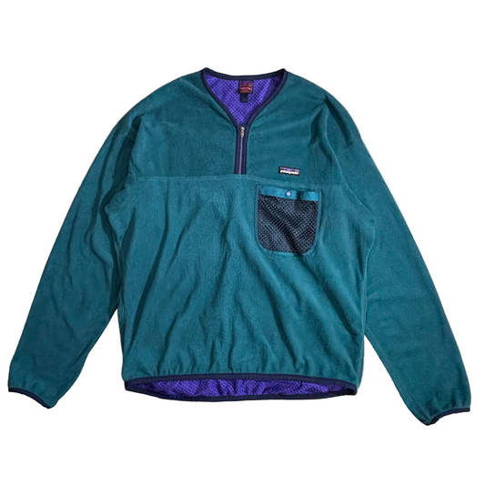 【90s Patagonia】USA製 Capilene® フリースプルオーバー グリーン×パープル ハーフジップ メッシュポケット付き パタゴニア キャプリーン ヴィンテージ