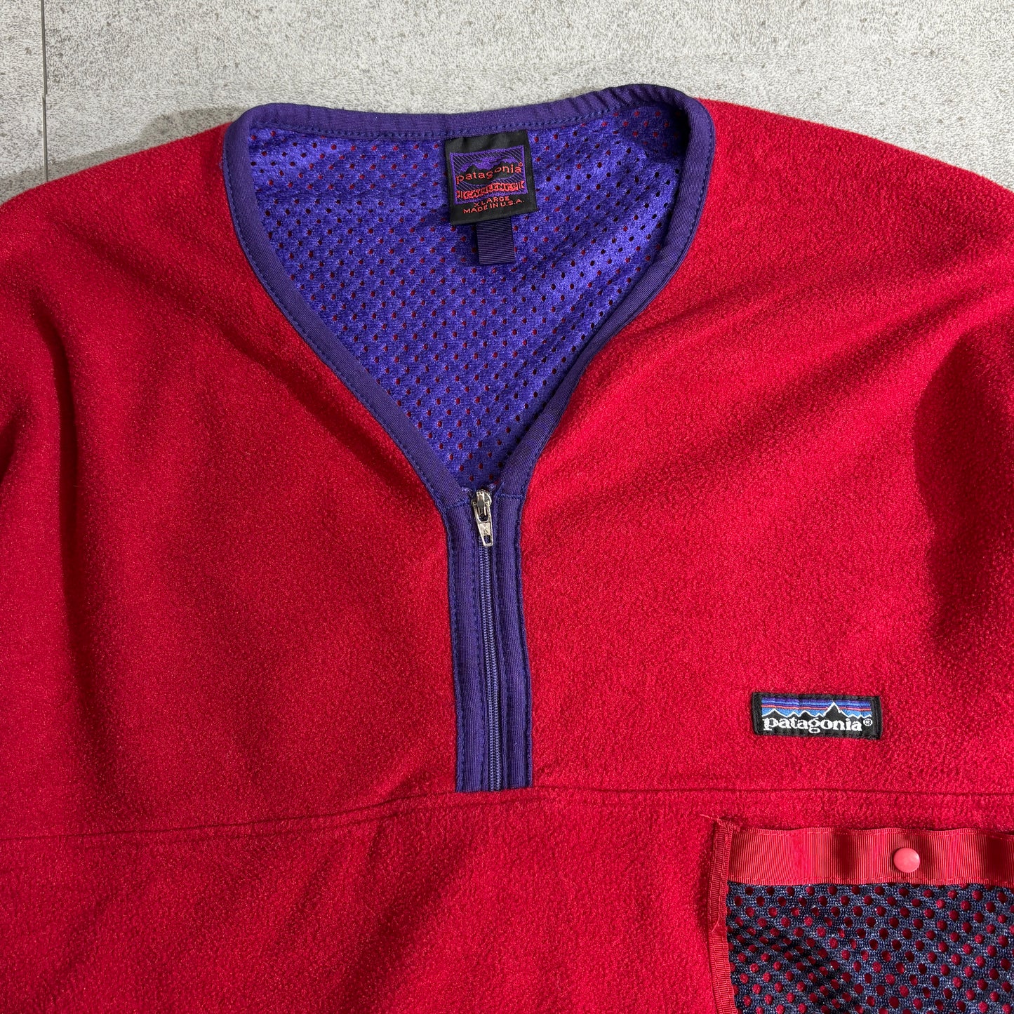 【90s Patagonia】USA製 Capilene® フリースプルオーバー レッド×パープル ハーフジップ メッシュポケット付き パタゴニア キャプリーン ヴィンテージ
