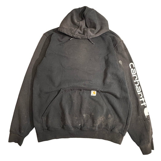【Carhartt】スリーブロゴ プルオーバーパーカー ブラック L Tall メキシコ製 ワーク スウェット フーディー カーハート 古着