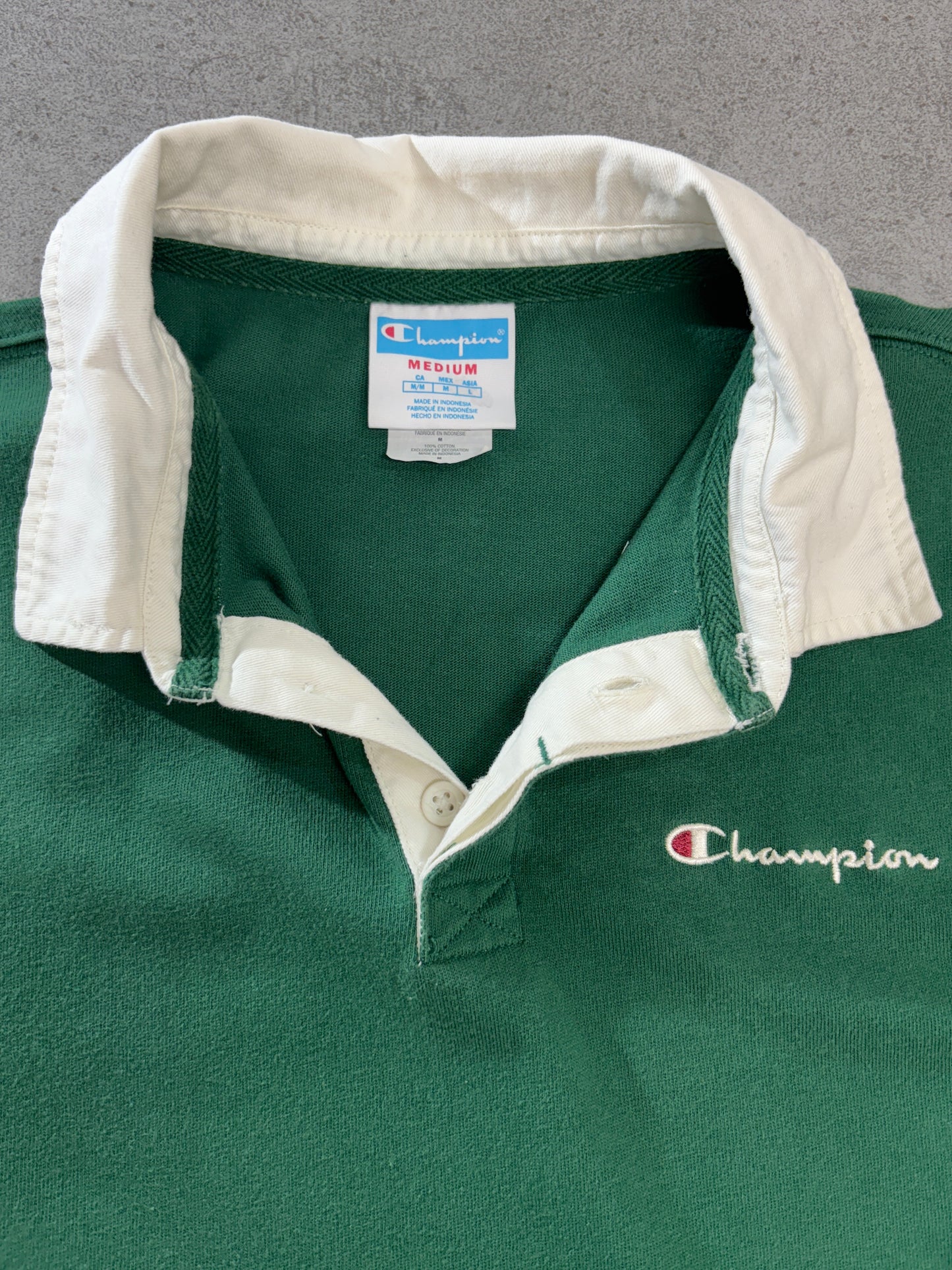Champion ラガーシャツ風 スウェット プルオーバー M／カラーブロック（グリーン×オレンジ×バーガンディ）白襟 刺繍ロゴ カンガルーポケット