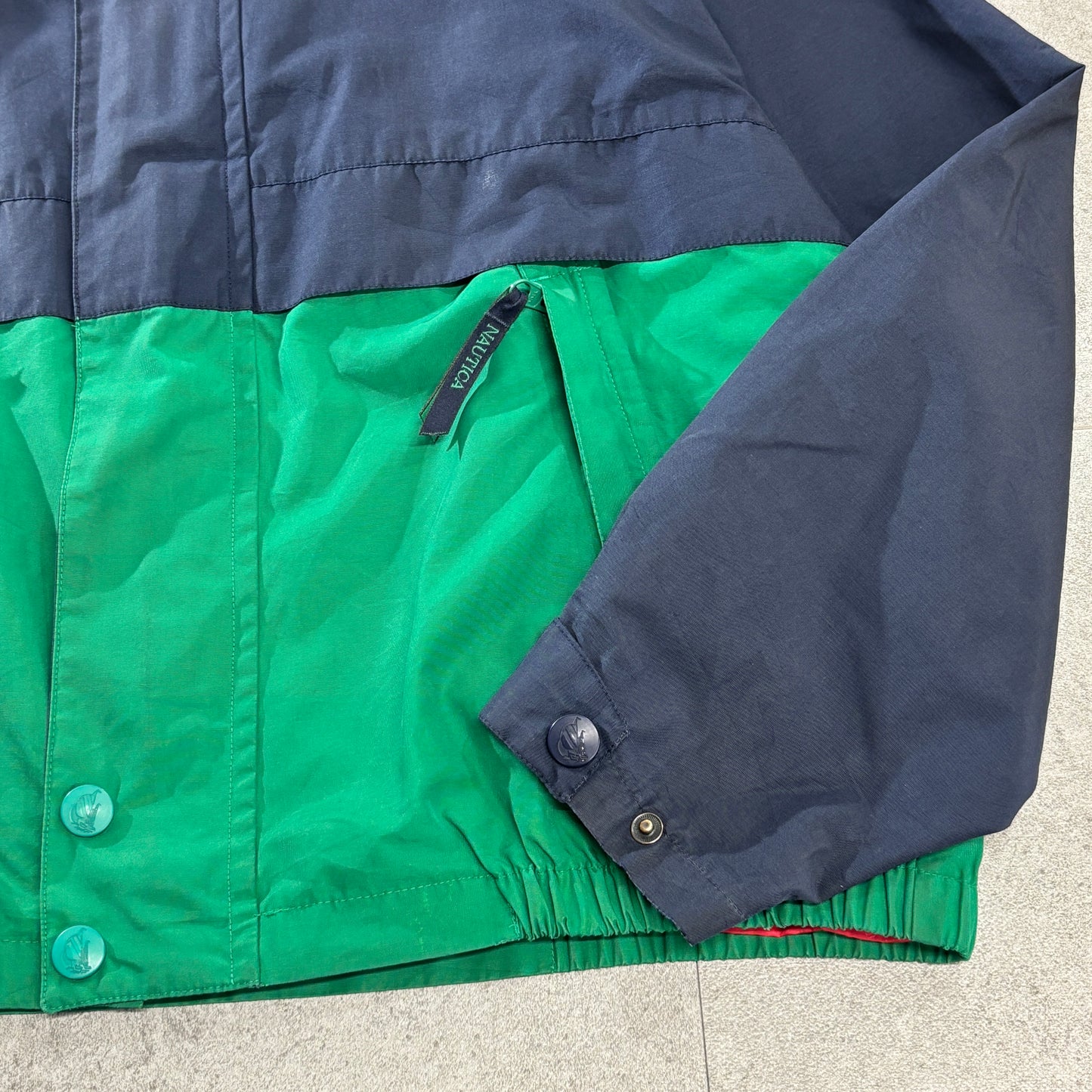 NAUTICA 90s ツートーン パッカブルフード セーリングジャケット L 紺×グリーン コットン×マイクロポリ 台湾製 Jクラスロゴ