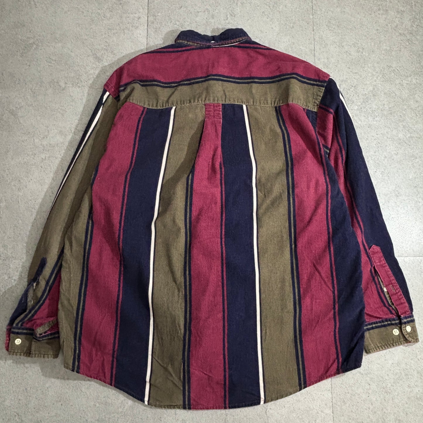 Eddie Bauer コットンストライプシャツ 90s 香港製 ボタンダウン Lサイズ マルチカラー ブラウン×ネイビー×バーガンディ ヴィンテージ 長袖シャツ コーデュロイ