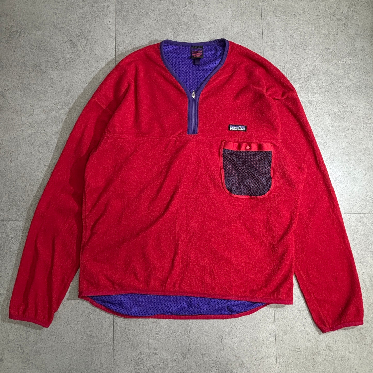 【90s Patagonia】USA製 Capilene® フリースプルオーバー レッド×パープル ハーフジップ メッシュポケット付き パタゴニア キャプリーン ヴィンテージ