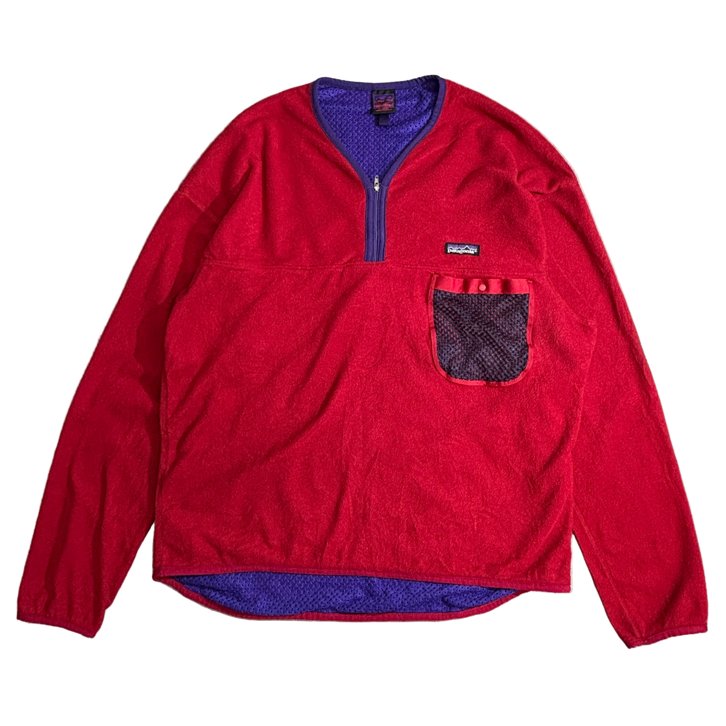 【90s Patagonia】USA製 Capilene® フリースプルオーバー レッド×パープル ハーフジップ メッシュポケット付き パタゴニア キャプリーン ヴィンテージ