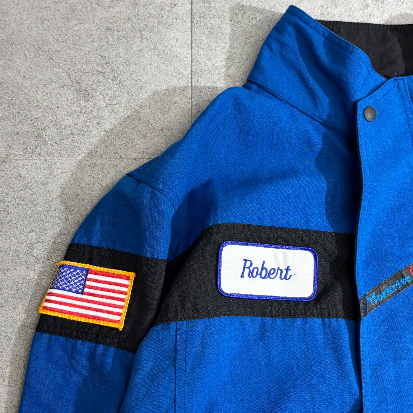 Workrite USA製 Mobil 刺繍ワッペン付き ワークジャケット ブルー×ブラック TALONジップ 90s