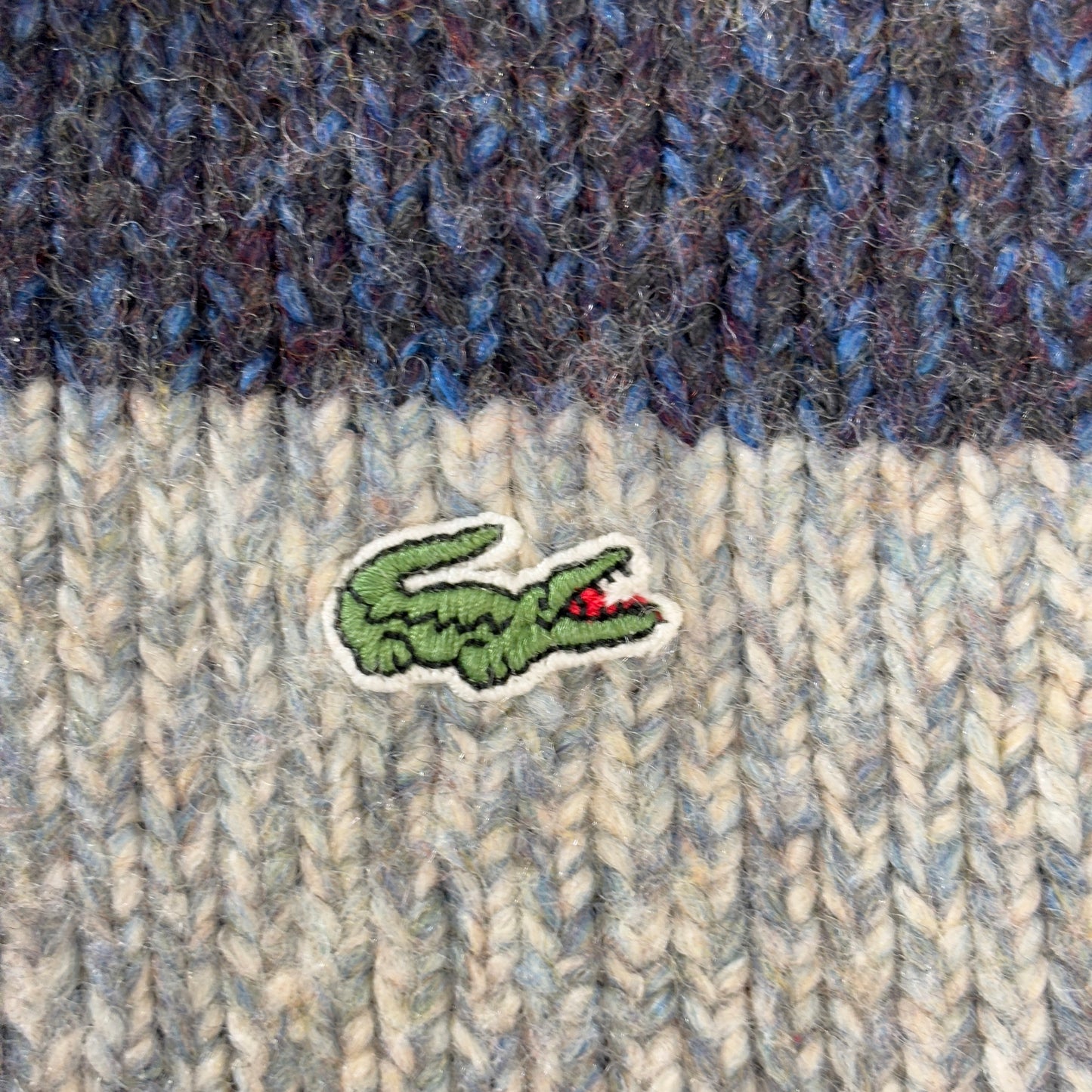 90s LACOSTE ウール ボーダー クルーネックニット／ネイビー×グレー×オフホワイト／ワニロゴ