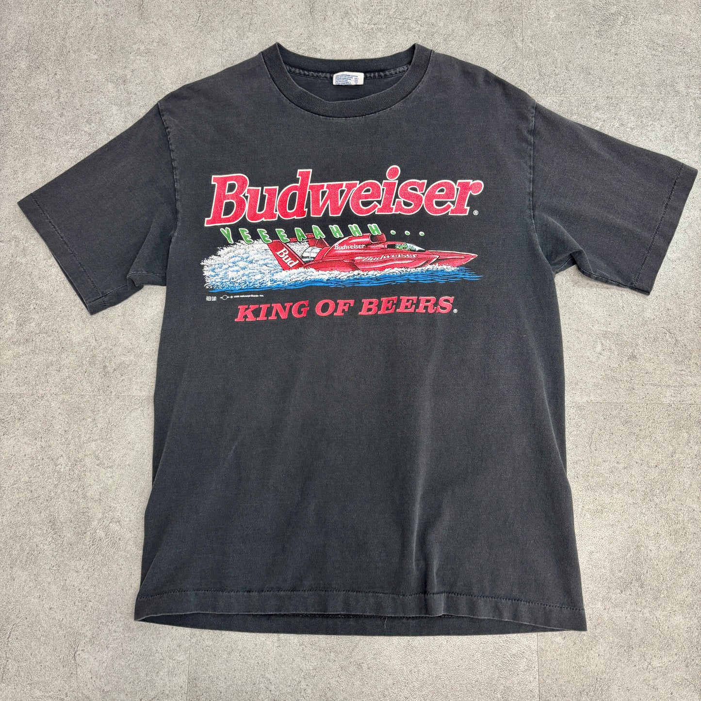 【1998年製】Budweiser バドワイザー 両面プリント Tシャツ｜カエル×スピードボート 黒 USA製 SOF TEE L