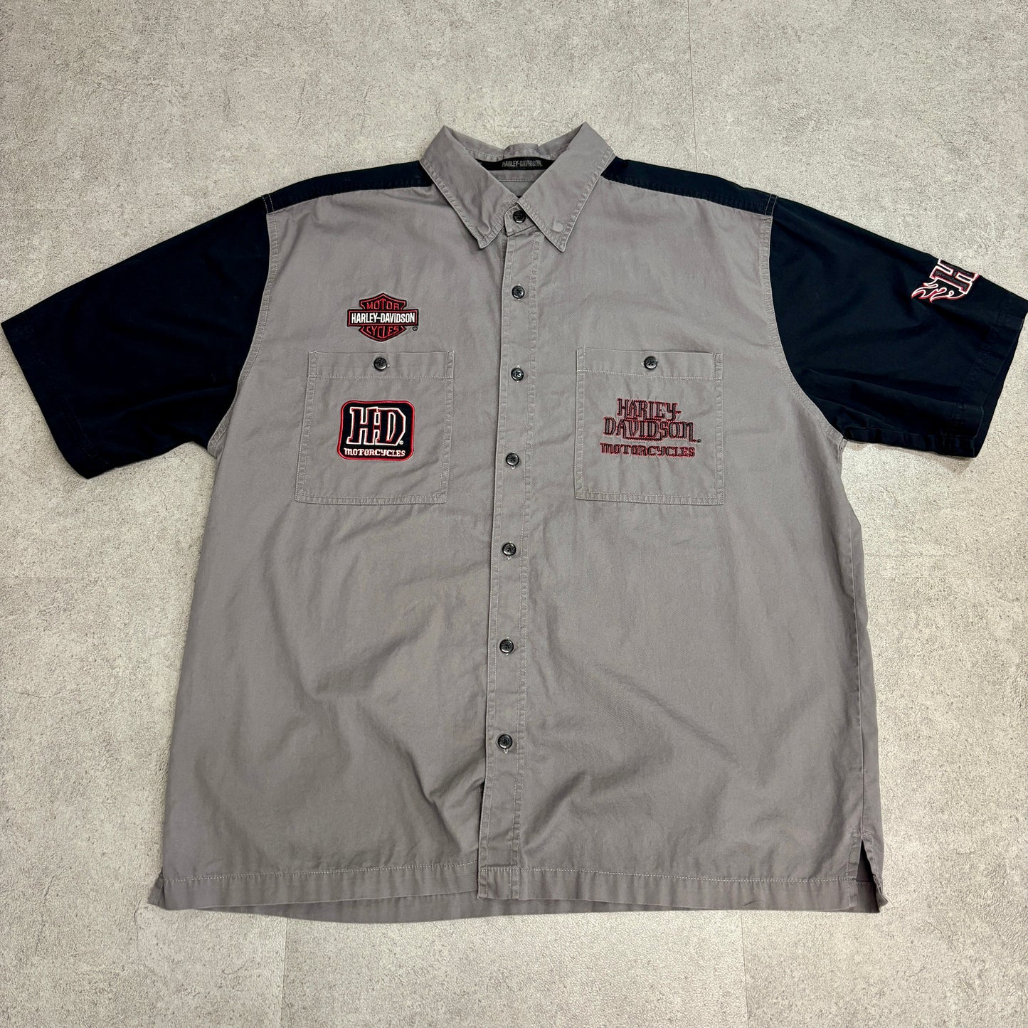 Harley-Davidson 刺繍ロゴ 半袖ワークシャツ XL グレー×ブラック バイカースタイル アメリカンレジェンド