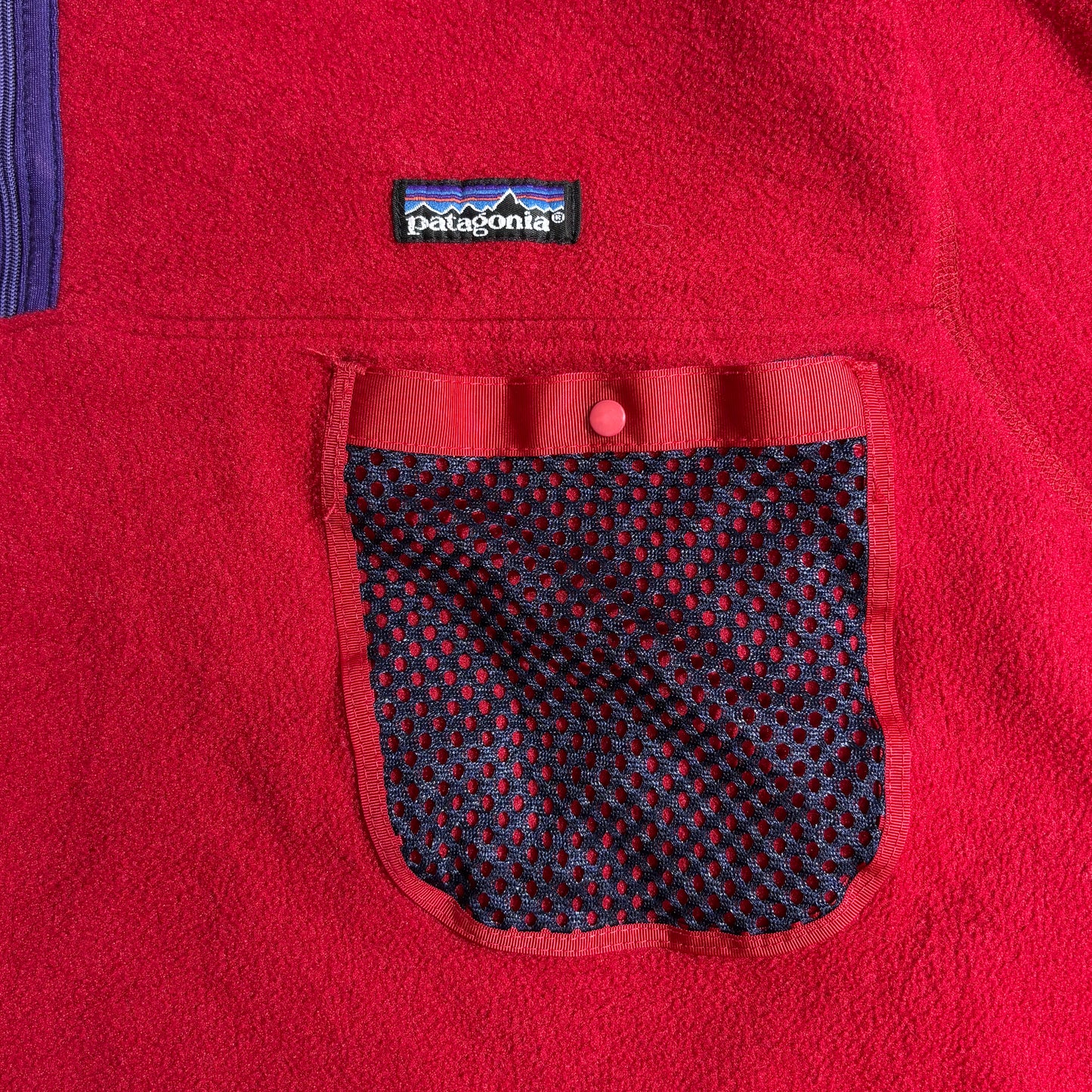 【90s Patagonia】USA製 Capilene® フリースプルオーバー レッド×パープル ハーフジップ メッシュポケット付き パタゴニア キャプリーン ヴィンテージ