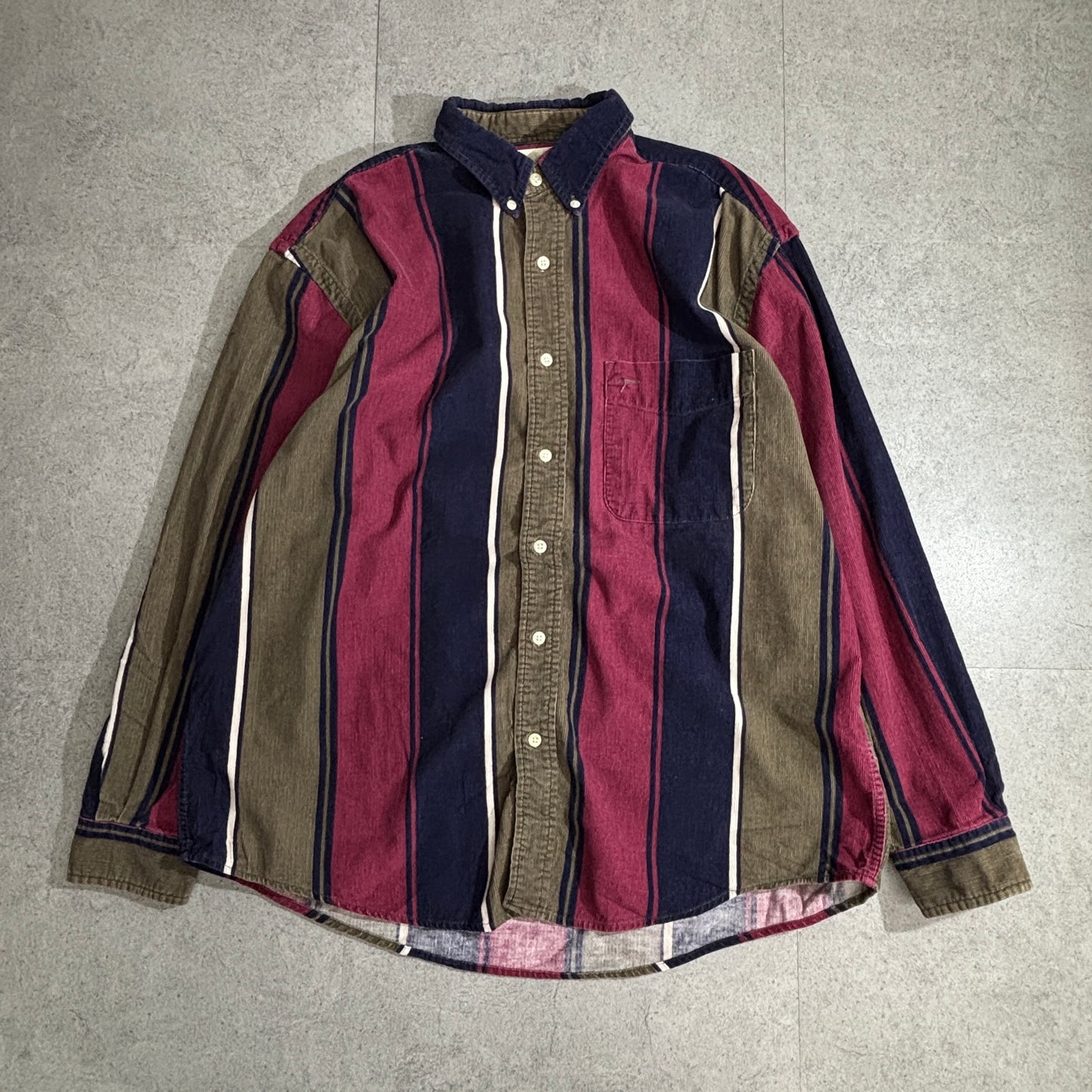 Eddie Bauer コットンストライプシャツ 90s 香港製 ボタンダウン Lサイズ マルチカラー ブラウン×ネイビー×バーガンディ ヴィンテージ 長袖シャツ コーデュロイ