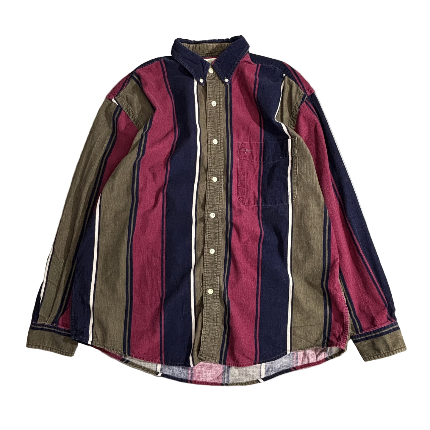 Eddie Bauer コットンストライプシャツ 90s 香港製 ボタンダウン Lサイズ マルチカラー ブラウン×ネイビー×バーガンディ ヴィンテージ 長袖シャツ コーデュロイ