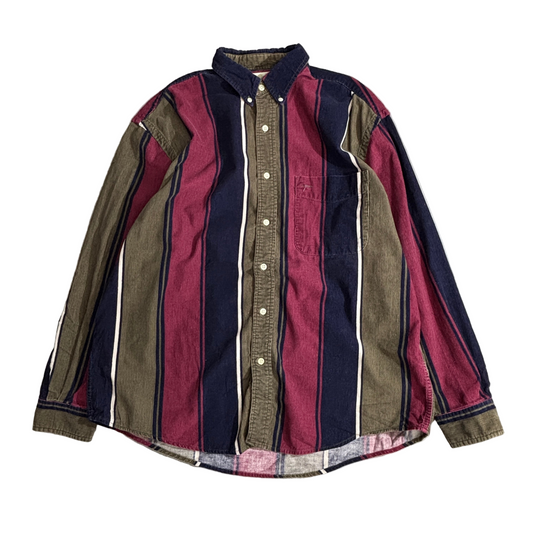 Eddie Bauer コットンストライプシャツ 90s 香港製 ボタンダウン Lサイズ マルチカラー ブラウン×ネイビー×バーガンディ ヴィンテージ 長袖シャツ コーデュロイ