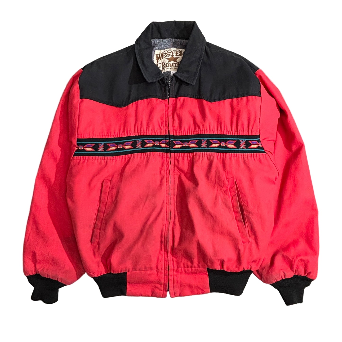 Western Frontier USA製 ネイティブ柄 テープ装飾 ジップジャケット レッド×ブラック 80s〜90s
