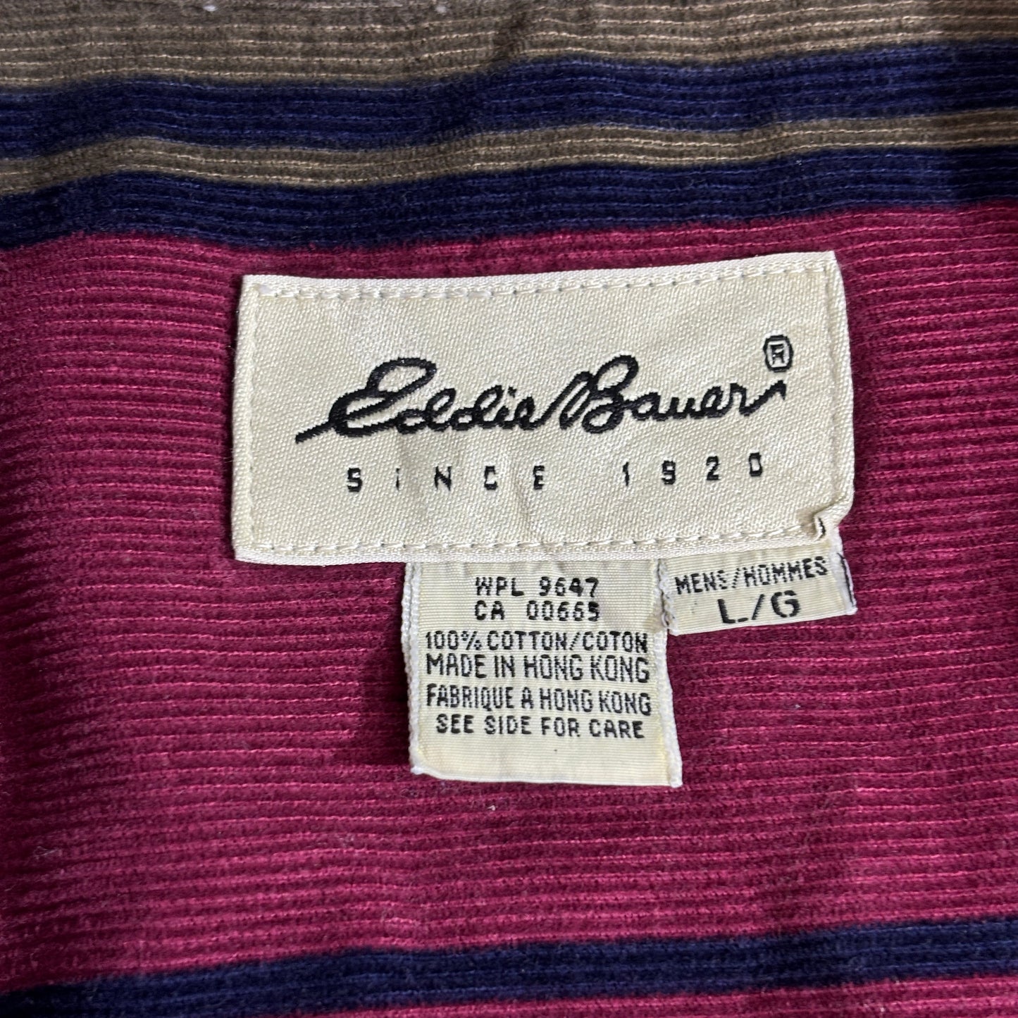 Eddie Bauer コットンストライプシャツ 90s 香港製 ボタンダウン Lサイズ マルチカラー ブラウン×ネイビー×バーガンディ ヴィンテージ 長袖シャツ コーデュロイ