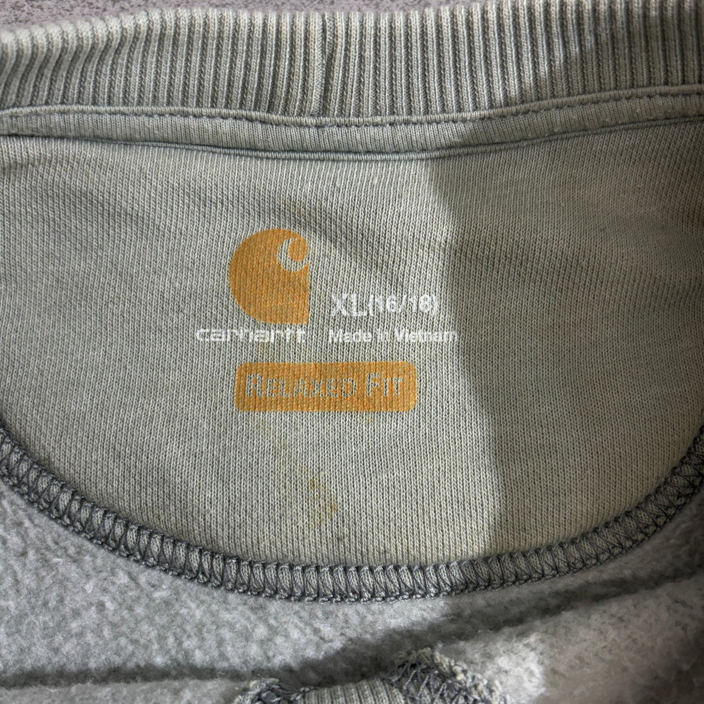 Carhartt カーハート 袖ロゴ ラグランスウェット トレーナー くすみミントグリーン XL(16/18) RELAXED FIT ベトナム製 古着