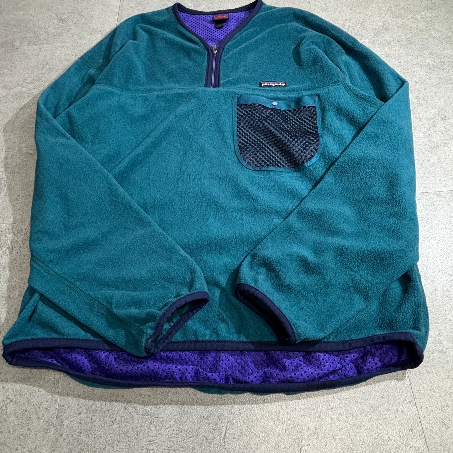 【90s Patagonia】USA製 Capilene® フリースプルオーバー グリーン×パープル ハーフジップ メッシュポケット付き パタゴニア キャプリーン ヴィンテージ