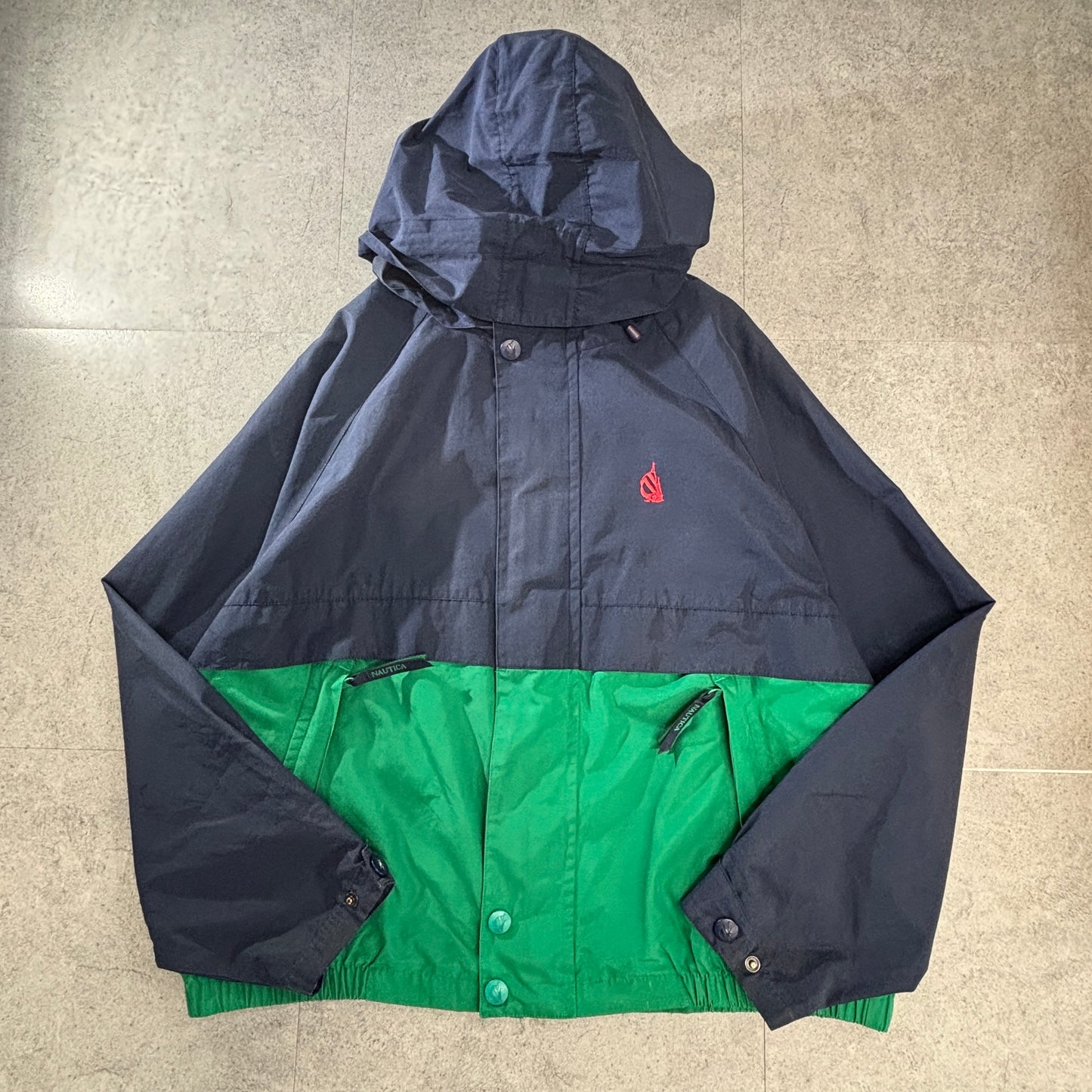 NAUTICA 90s ツートーン パッカブルフード セーリングジャケット L 紺×グリーン コットン×マイクロポリ 台湾製 Jクラスロゴ