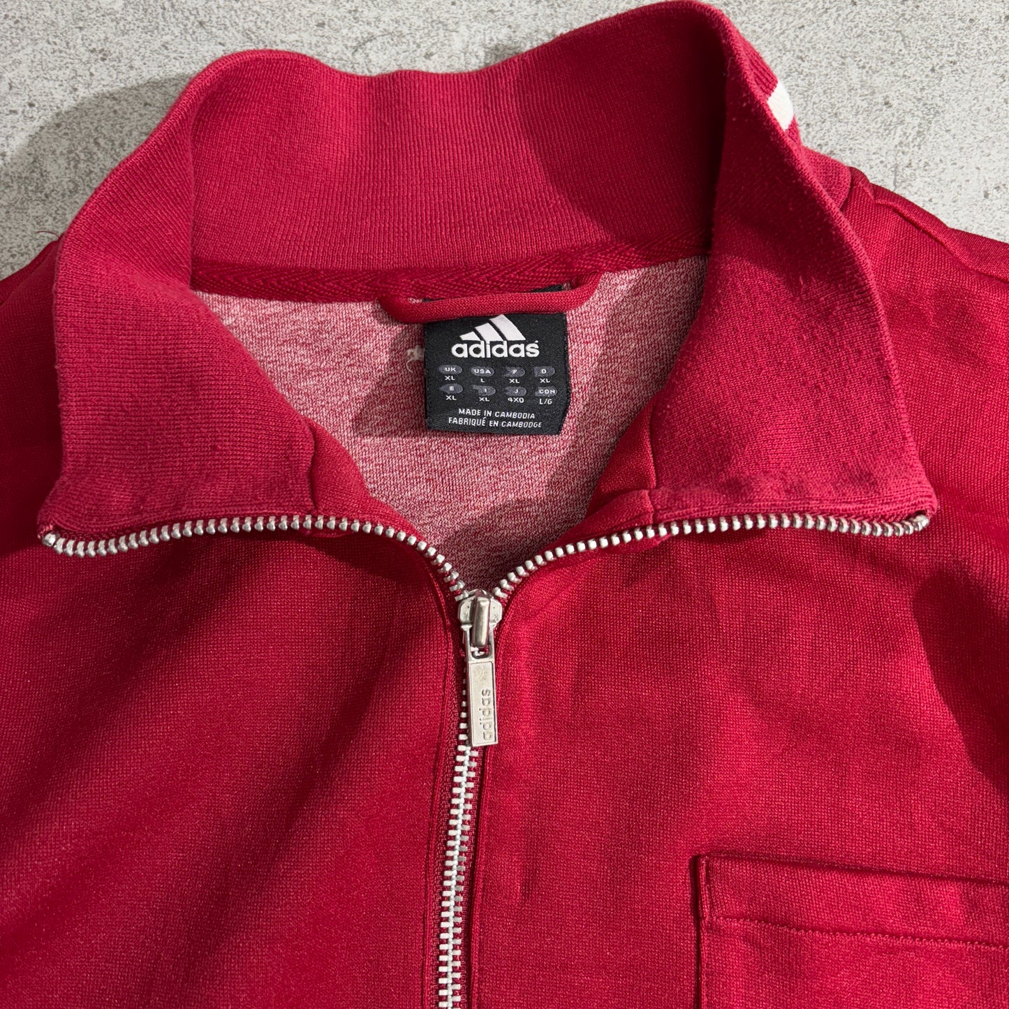 【adidas】Adolf Dassler 刺繍 トラックジャケット レッド×ホワイト Lサイズ カンボジア製 アディダス トラックトップ ジャージ 古着