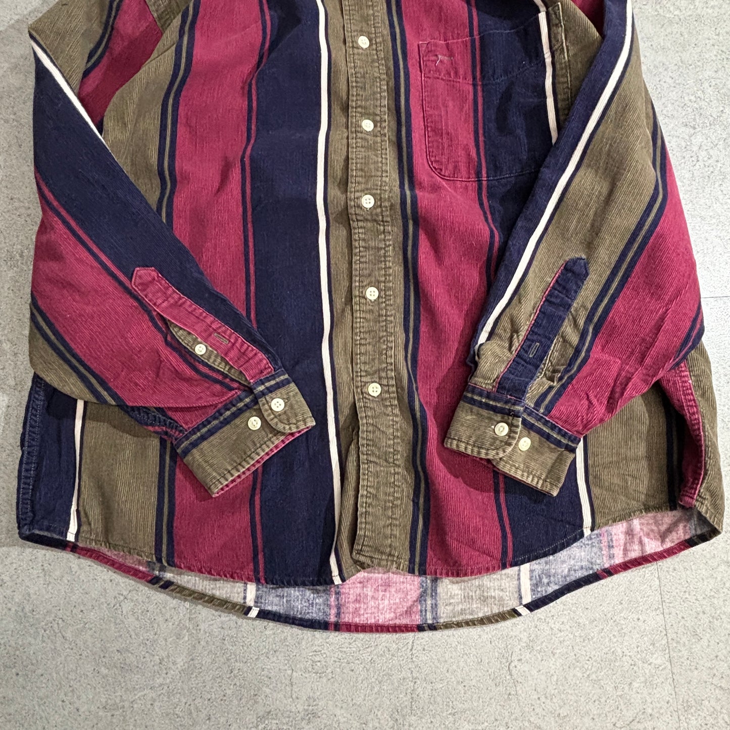 Eddie Bauer コットンストライプシャツ 90s 香港製 ボタンダウン Lサイズ マルチカラー ブラウン×ネイビー×バーガンディ ヴィンテージ 長袖シャツ コーデュロイ