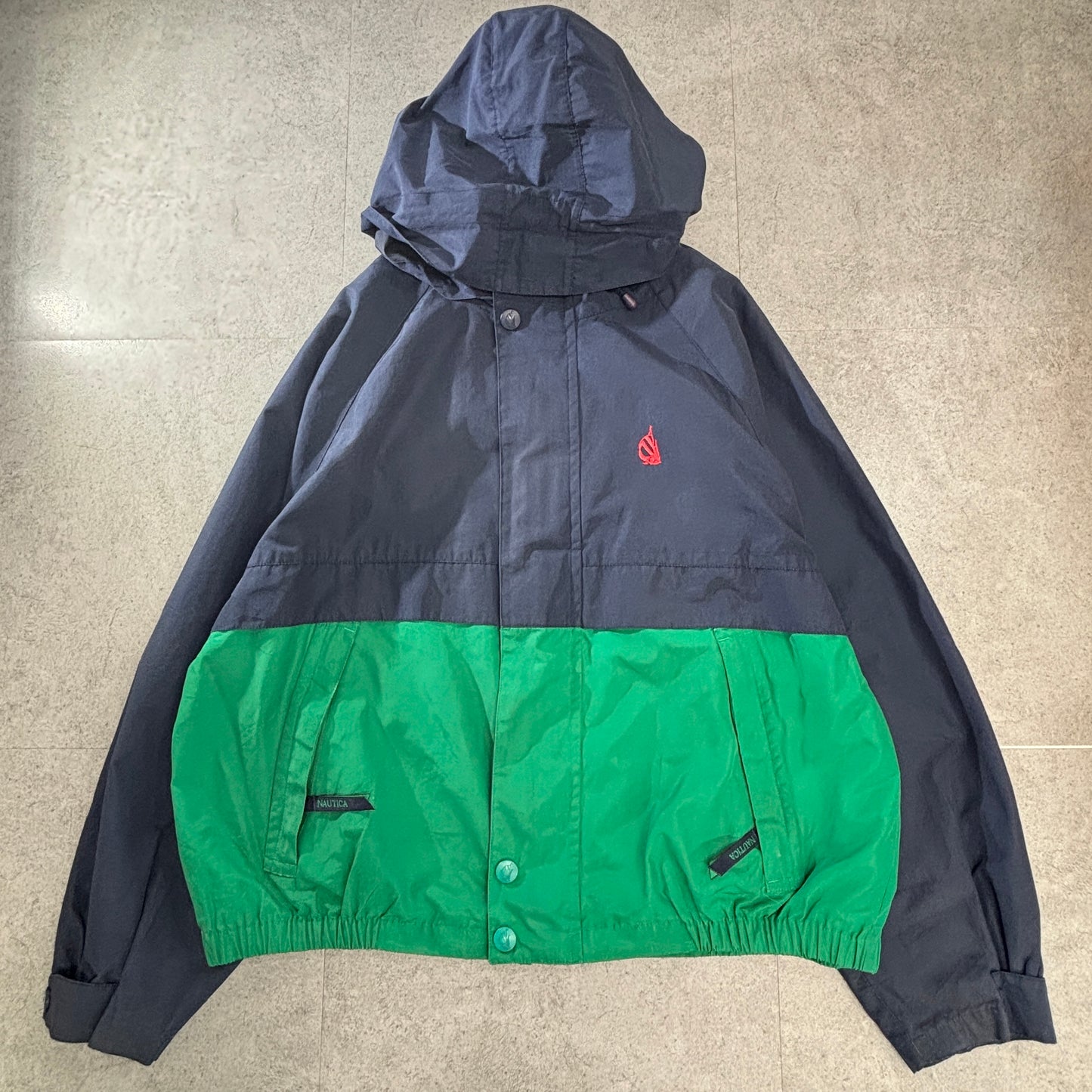 NAUTICA 90s ツートーン パッカブルフード セーリングジャケット L 紺×グリーン コットン×マイクロポリ 台湾製 Jクラスロゴ