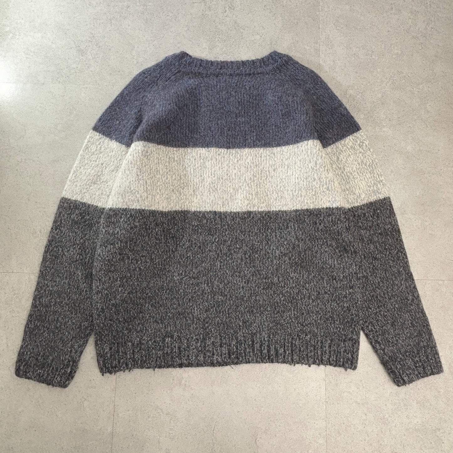 90s LACOSTE ウール ボーダー クルーネックニット／ネイビー×グレー×オフホワイト／ワニロゴ