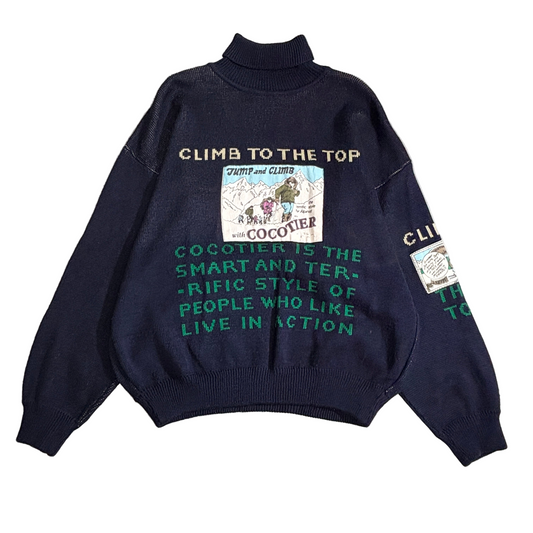 【COCOTIER】90s デザインニット “CLIMB TO THE TOP” アウトドア刺繍 グラフィックセーター ネイビー ココティエ