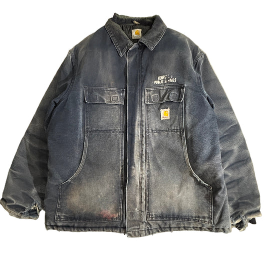 【Carhartt】メキシコ製 トラディショナル ダックジャケット “HEMPSTEAD PUBLIC SCHOOLS” ブラック XL カーハート ダック地 ワークジャケット フェード 企業刺繍 ヴィンテージ