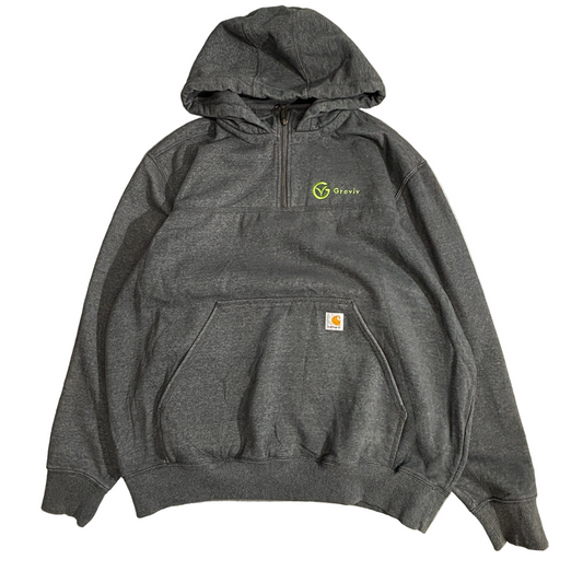 【Carhartt】ハーフジップ スウェットパーカー ORIGINAL FIT メキシコ製 チャコールグレー ワーク フーディー グロービックロゴ刺繍