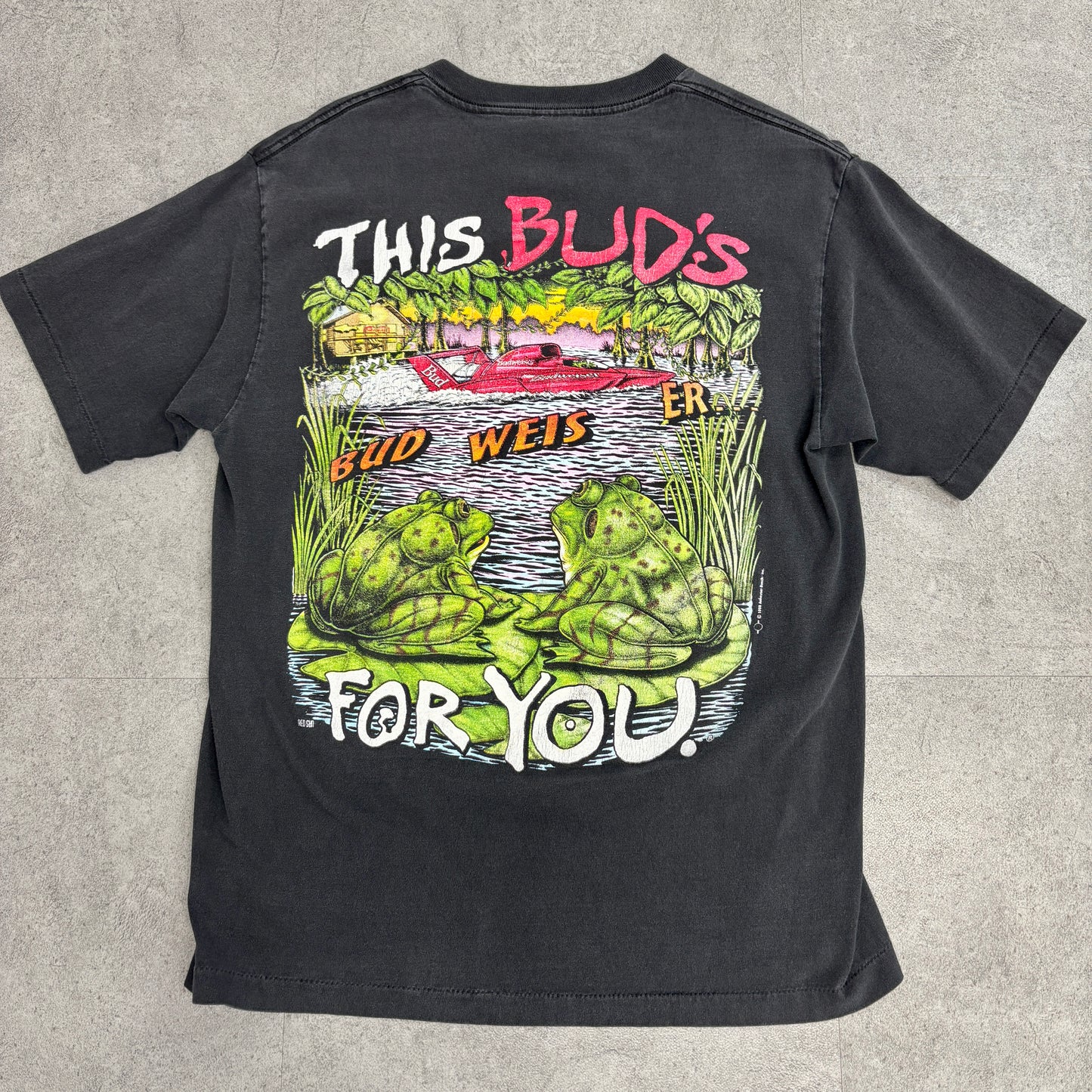【1998年製】Budweiser バドワイザー 両面プリント Tシャツ｜カエル×スピードボート 黒 USA製 SOF TEE L