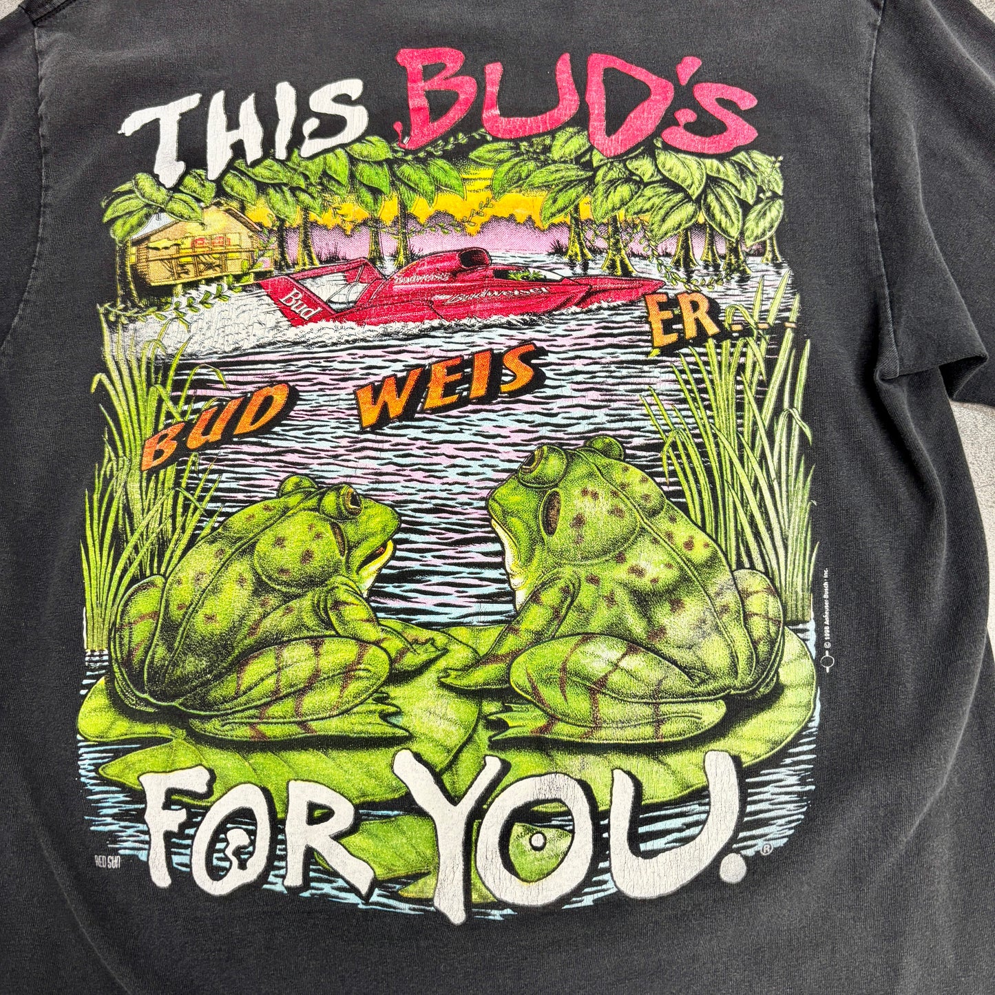 【1998年製】Budweiser バドワイザー 両面プリント Tシャツ｜カエル×スピードボート 黒 USA製 SOF TEE L
