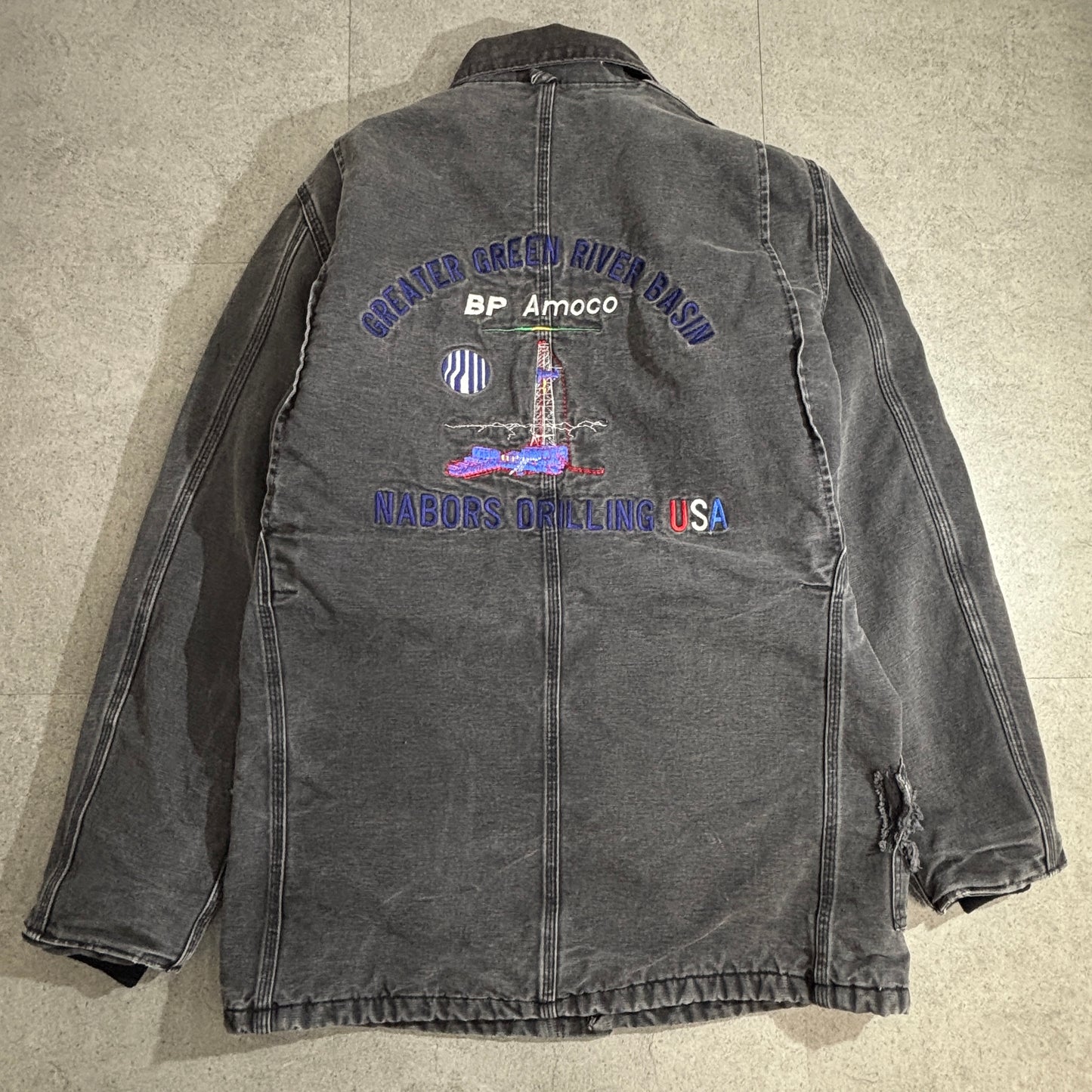 Carhartt ダックカバーオールジャケット ブラック ワーク刺繍 BP Amoco × Nabors Drilling USA 裏地ブランケット 90s