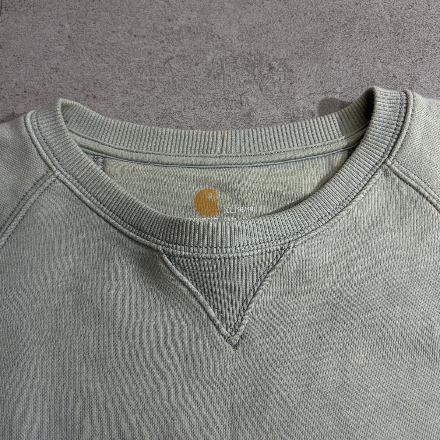 Carhartt カーハート 袖ロゴ ラグランスウェット トレーナー くすみミントグリーン XL(16/18) RELAXED FIT ベトナム製 古着