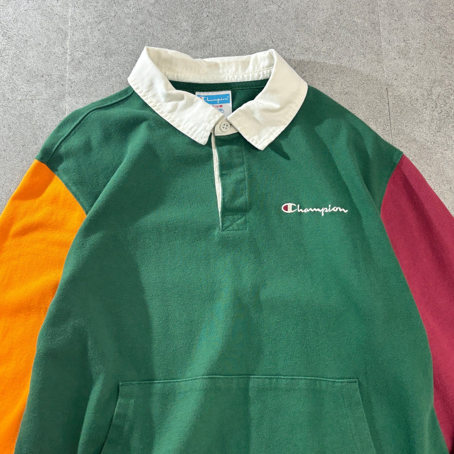 Champion ラガーシャツ風 スウェット プルオーバー M／カラーブロック（グリーン×オレンジ×バーガンディ）白襟 刺繍ロゴ カンガルーポケット