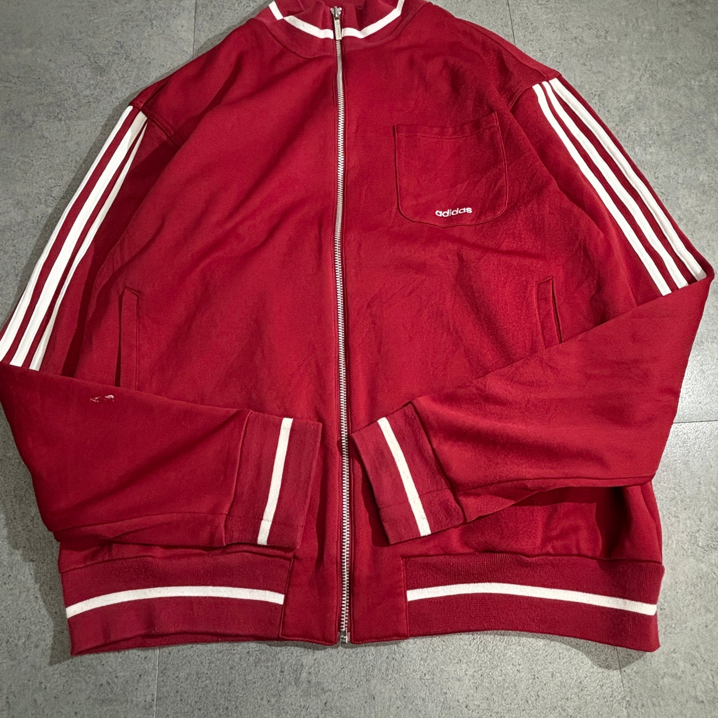 【adidas】Adolf Dassler 刺繍 トラックジャケット レッド×ホワイト Lサイズ カンボジア製 アディダス トラックトップ ジャージ 古着