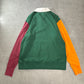 Champion ラガーシャツ風 スウェット プルオーバー M／カラーブロック（グリーン×オレンジ×バーガンディ）白襟 刺繍ロゴ カンガルーポケット