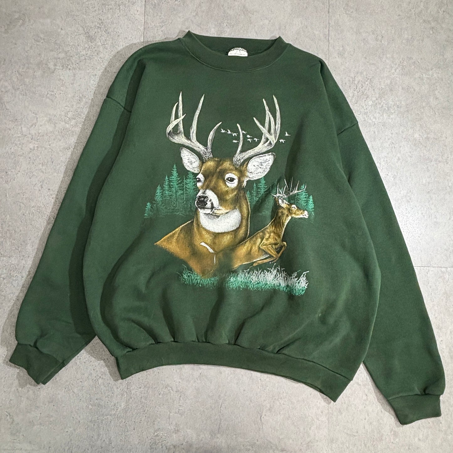 【USA製 TULTEX】鹿プリント スウェット グリーン 2XL アニマルデザイン 90s ヴィンテージ風 トレーナー メンズ レディース 古着