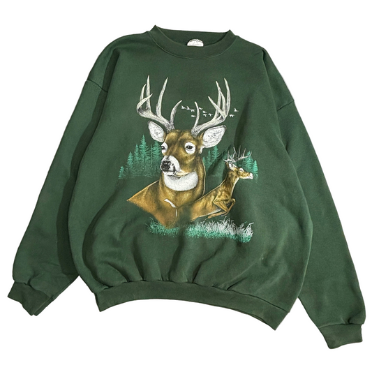 【USA製 TULTEX】鹿プリント スウェット グリーン 2XL アニマルデザイン 90s ヴィンテージ風 トレーナー メンズ レディース 古着