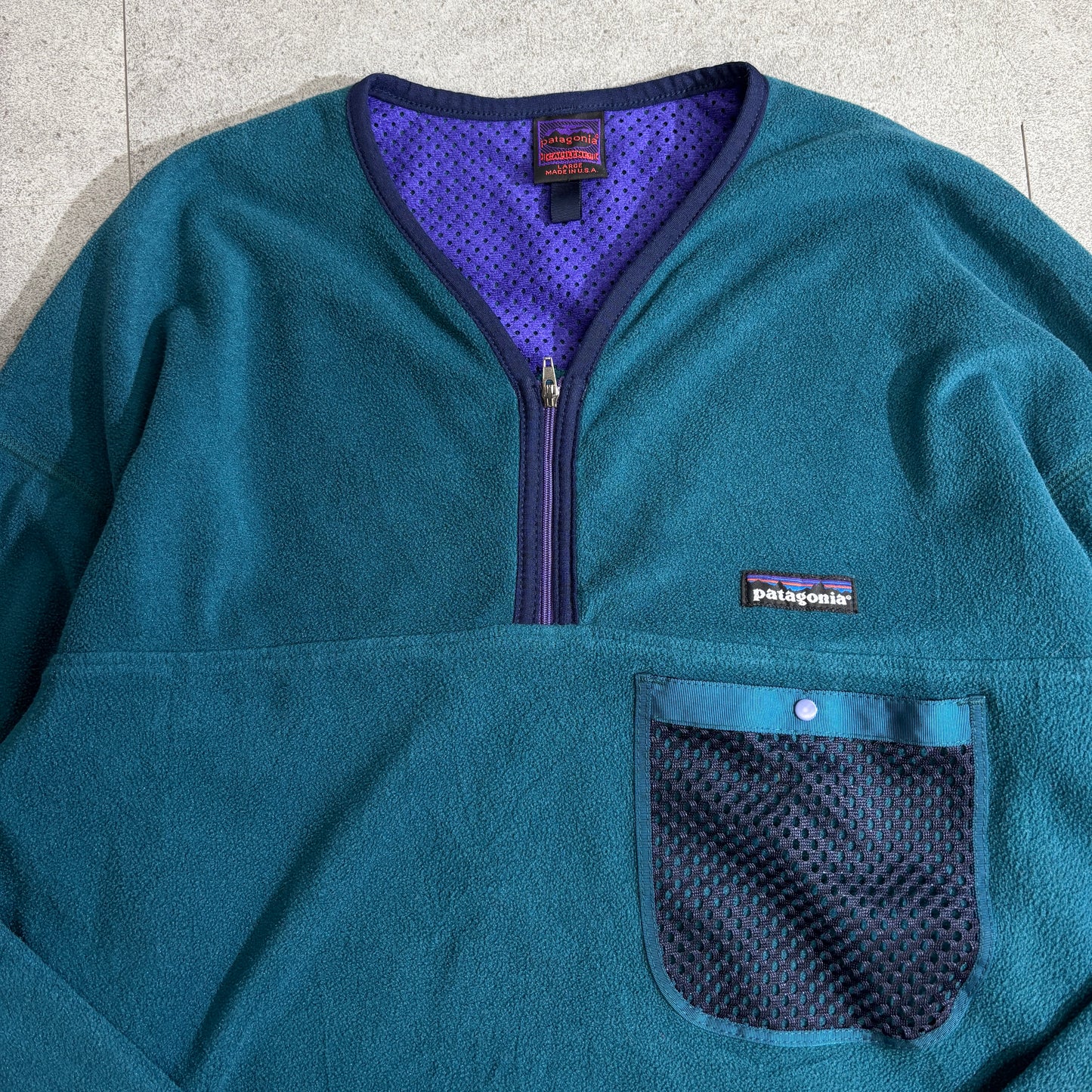 【90s Patagonia】USA製 Capilene® フリースプルオーバー グリーン×パープル ハーフジップ メッシュポケット付き パタゴニア キャプリーン ヴィンテージ